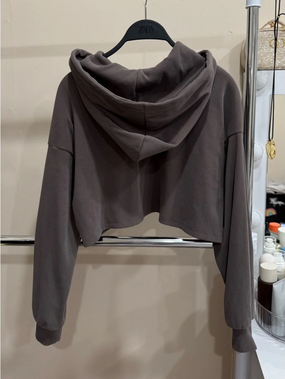Wild Fable Cropped Zip-Up Hoodie Brown Ribbed Size M - Picture 2 of 5